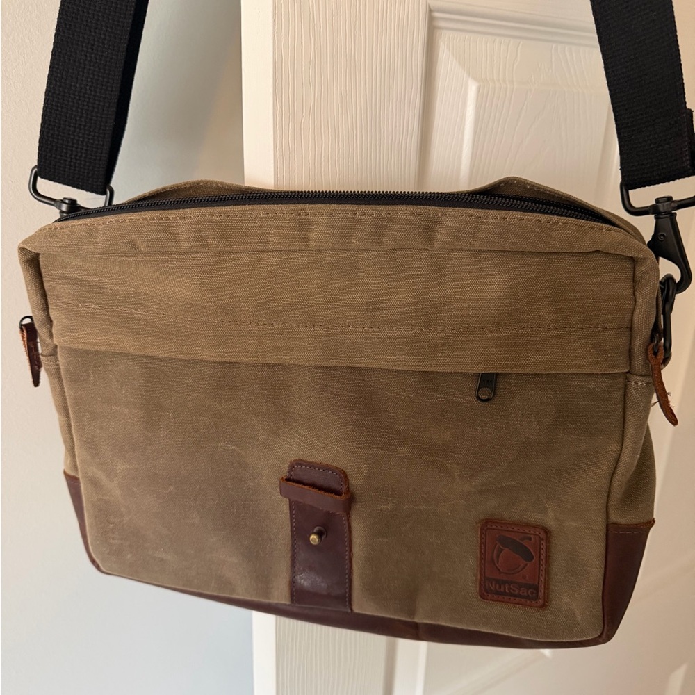 NutSac Everyday Carry Satchel Rugged Canvas Leather Messenger Bag - Brown Green - Picture 3 of 10